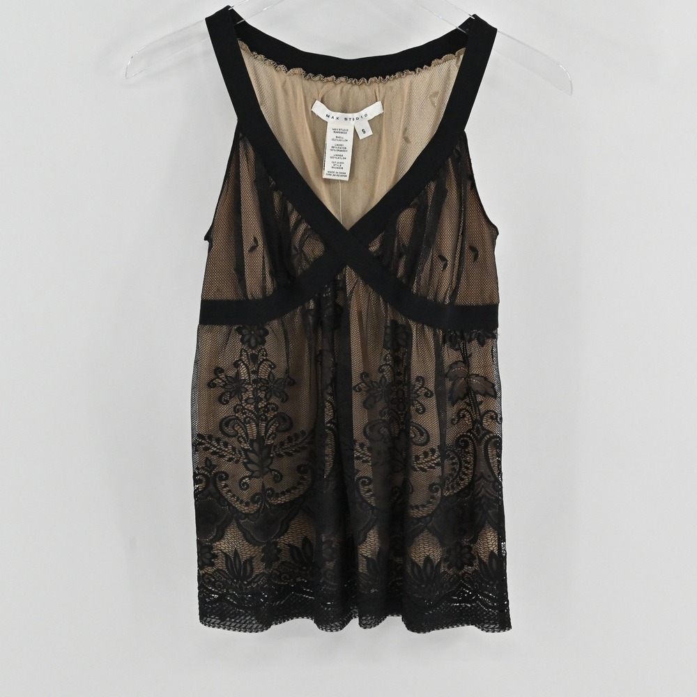 Max Studio Lace‎ Babydoll Tank Top Womens Size S Black Nude Gothic Y2K Deadstock